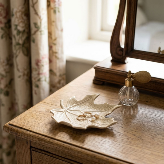 Cream leaf trinket dish styled with jewellery on a traditional wooden dressing table