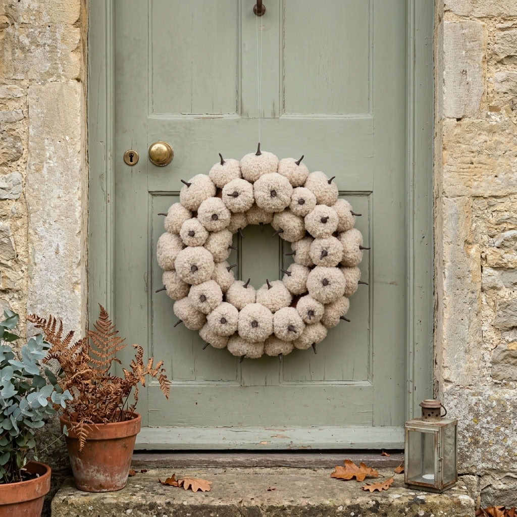 Cream Pumpkin Autumn Wreath displayed on a painted wooden front door of an English country cottage