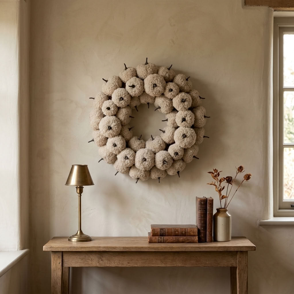 Cream Pumpkin Autumn Wreath displayed above an aged wooden console table in a warm English country interior