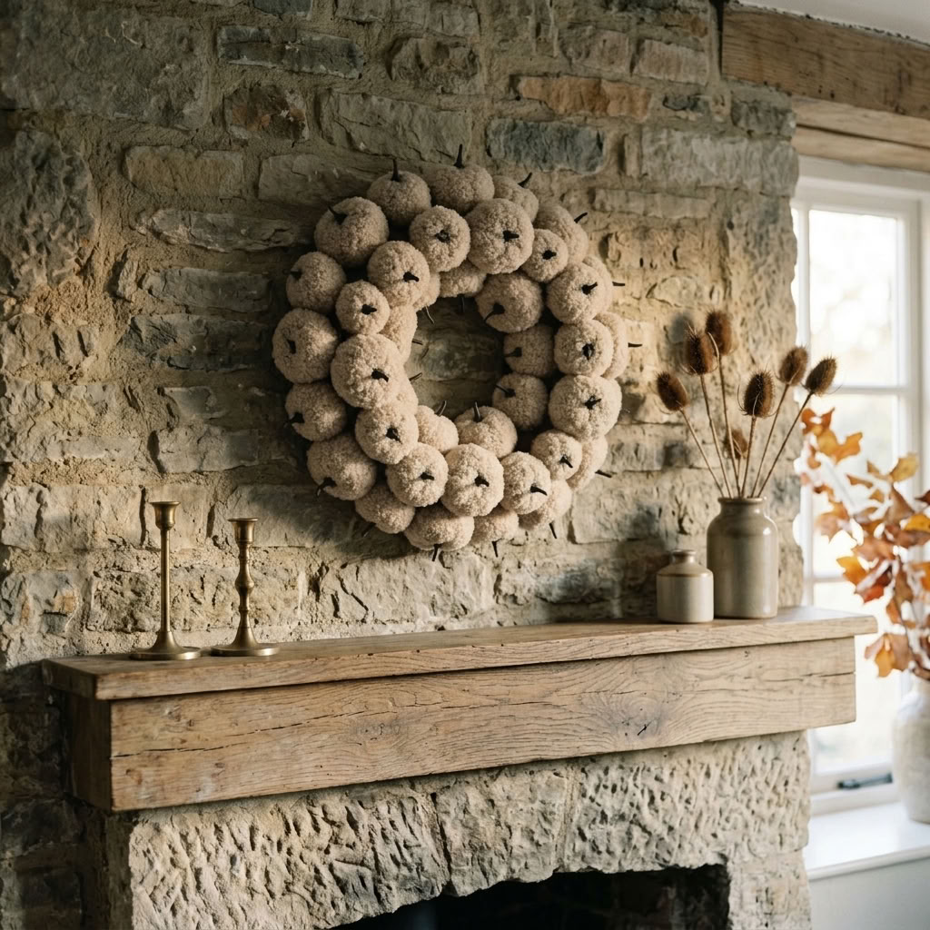 Cream Pumpkin Autumn Wreath displayed above a rustic stone fireplace in an English country cottage