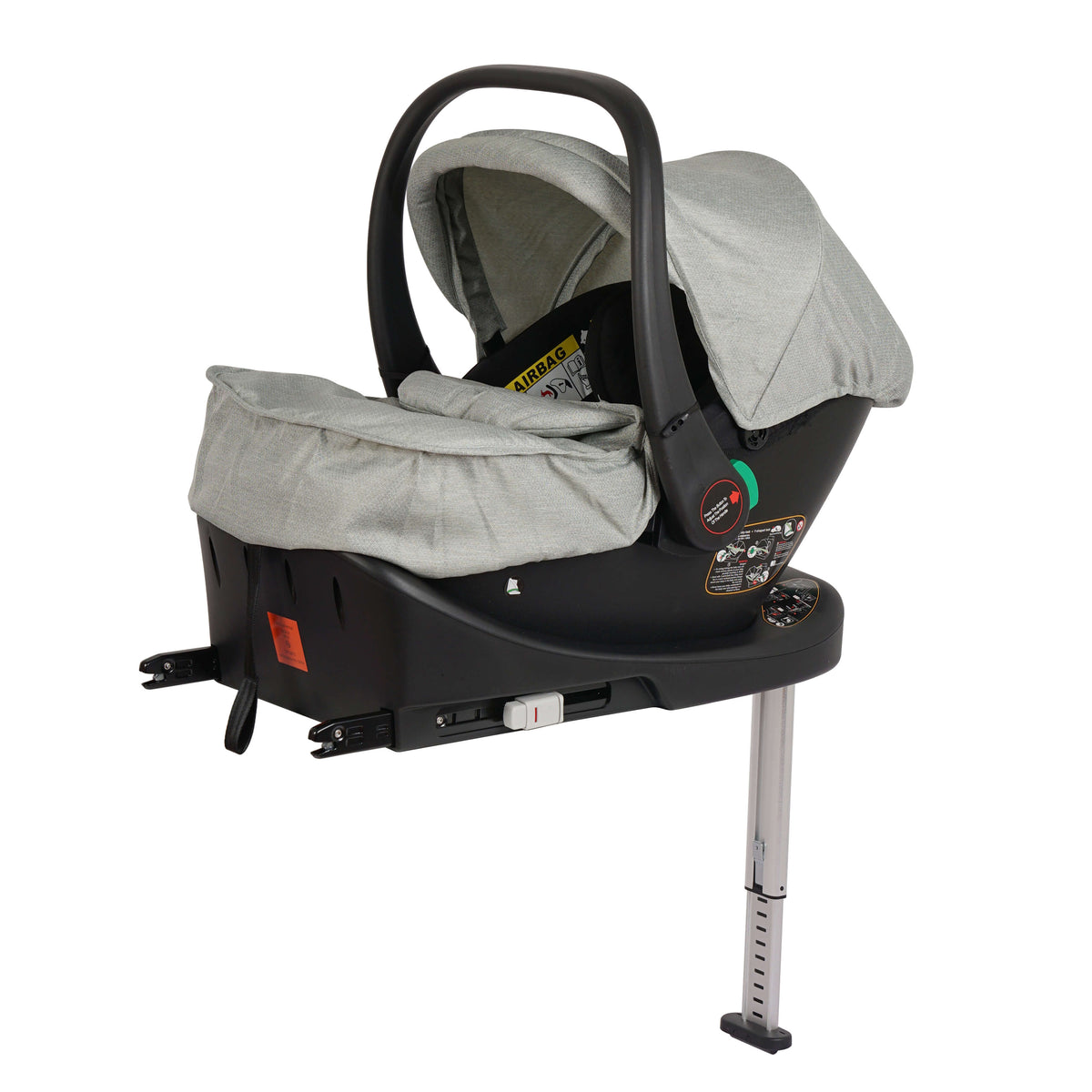 Cruise Pebble Sage R129 infant car seat fitted to the ISOFIX base shown from the side