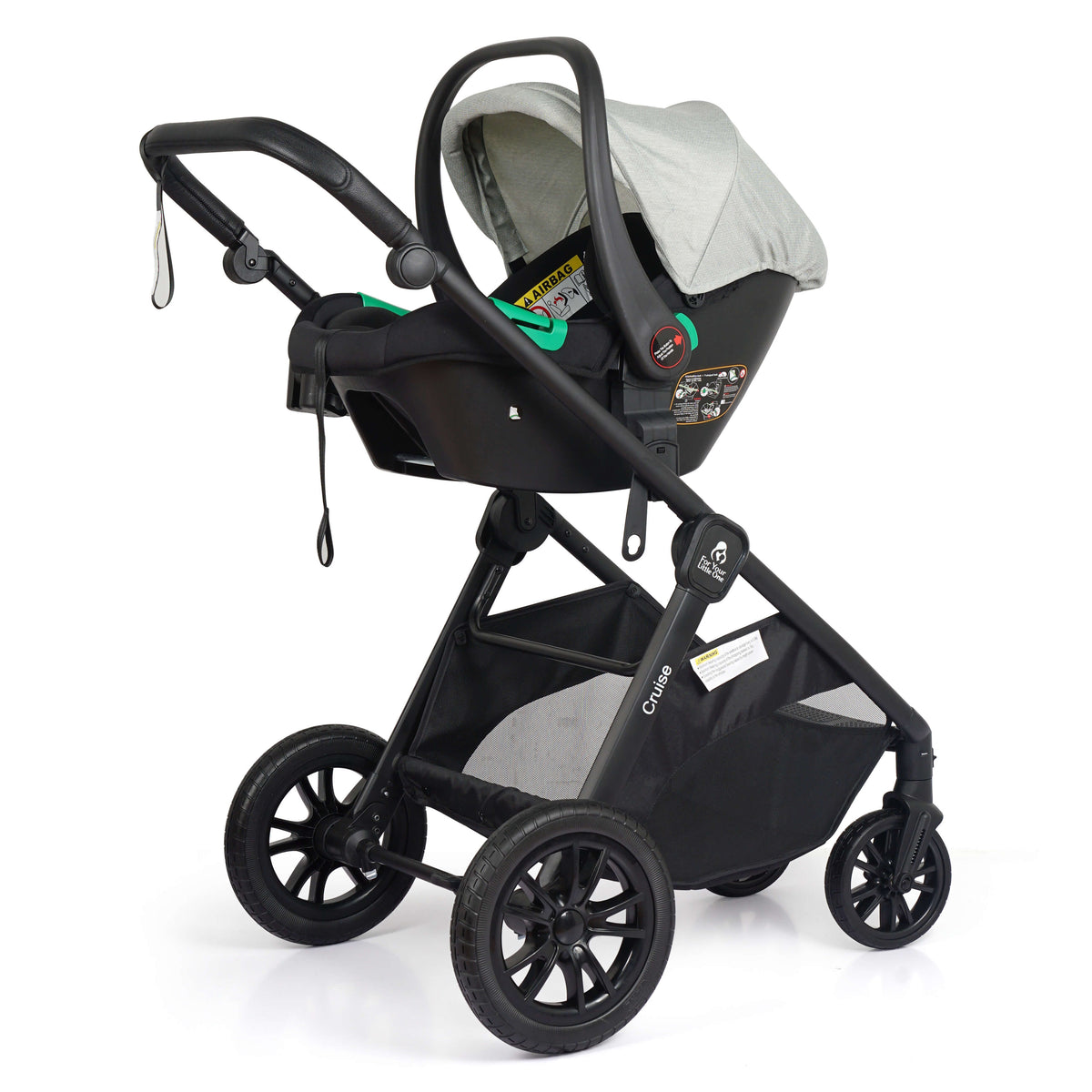 Cruise 3 in 1 Travel System in Pebble Sage with R129 infant car seat attached to the pushchair chassis
