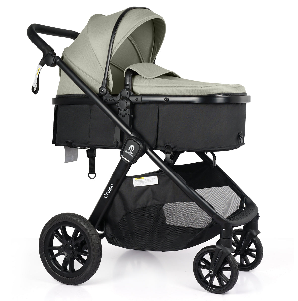 Cruise 3 in 1 Travel System in Pebble Sage with carrycot showing the chassis and spacious under-seat storage basket