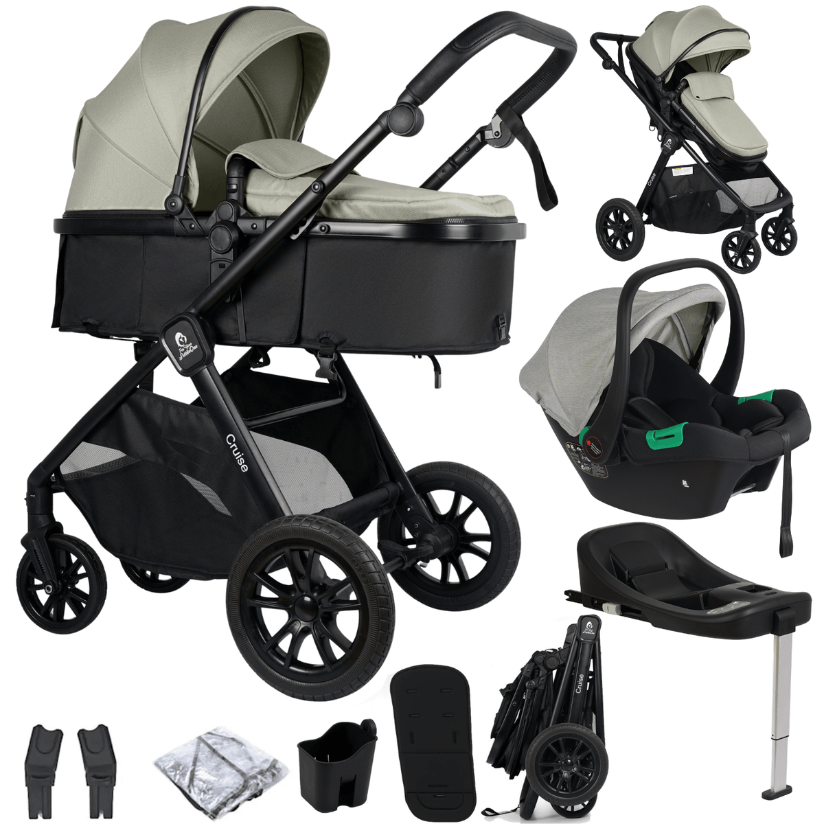 Cruise 3 in 1 Travel System in Pebble Sage with pushchair, carrycot, R129 car seat, ISOFIX base and included accessories