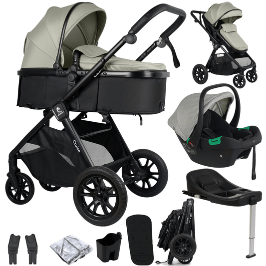Cruise 3 in 1 Travel System in Pebble Sage with pushchair, carrycot, R129 car seat, ISOFIX base and included accessories