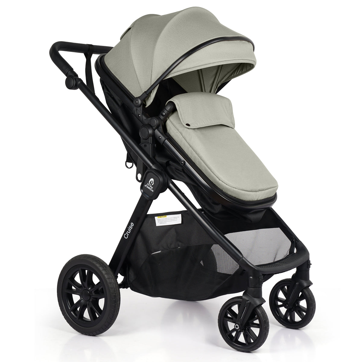 Cruise 3 in 1 Travel System in Pebble Sage showing the pushchair seat and chassis from the front