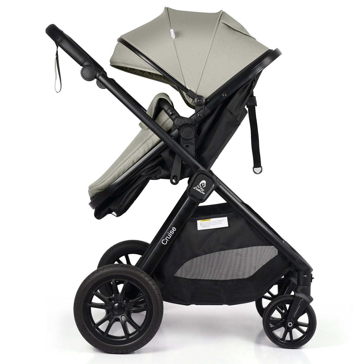 Cruise 3 in 1 Travel System in Pebble Sage showing the pushchair seat and chassis from the side