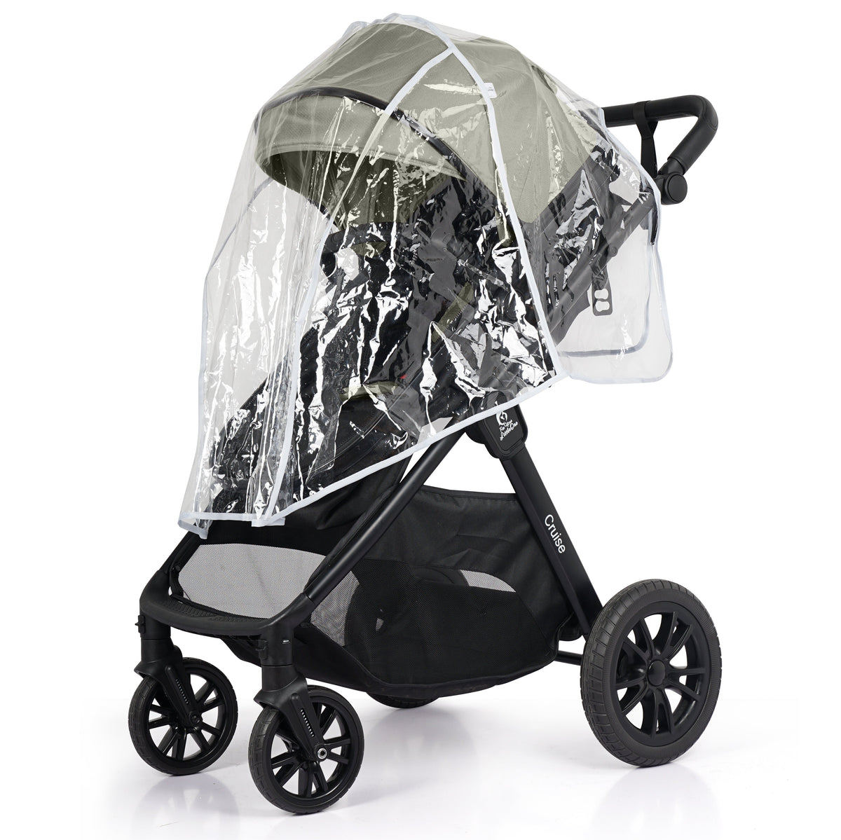 Cruise 3 in 1 Travel System in Pebble Sage with fitted transparent rain cover for wet-weather outings