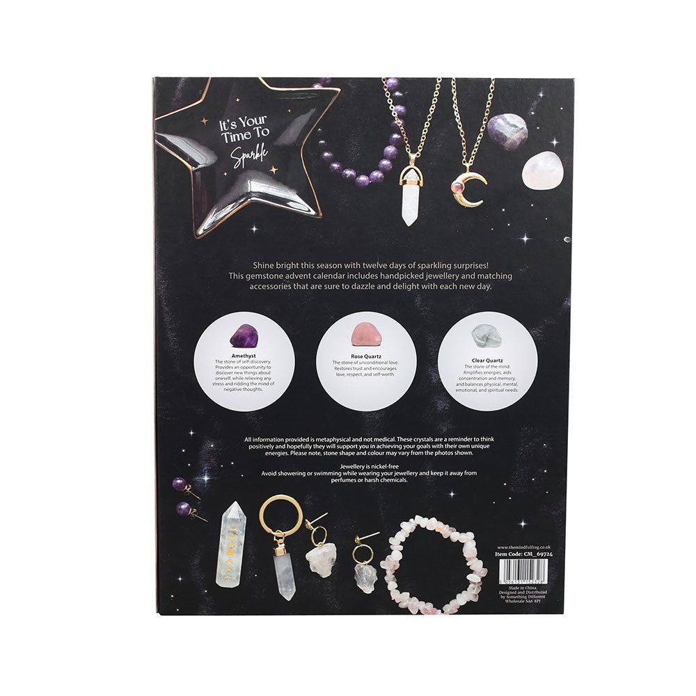 12-Day Crystal Jewellery Advent Calendar showing the reverse of the packaging with gemstone jewellery and crystal gift details