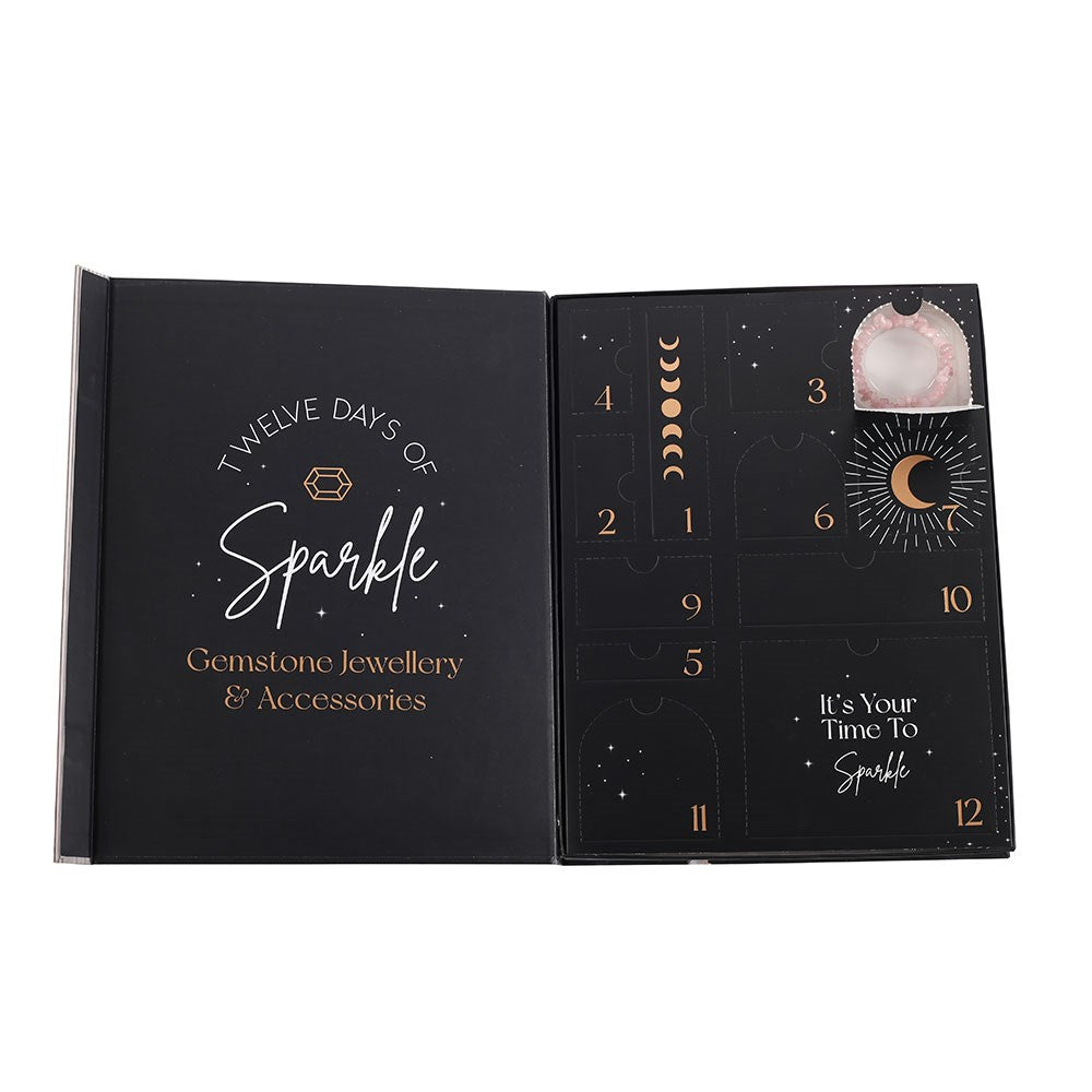 12-Day Crystal Jewellery Advent Calendar showing the open interior with gold moon phases and numbered advent doors