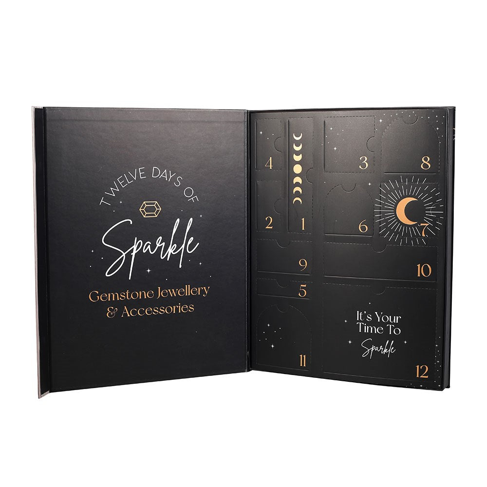 12-Day Crystal Jewellery Advent Calendar opened to show the black and gold design with twelve numbered compartments