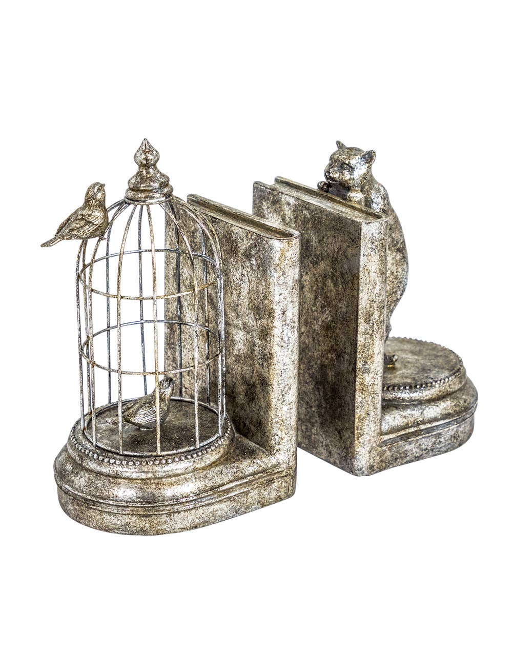 Antique silver curious cat and birdcage decorative bookends