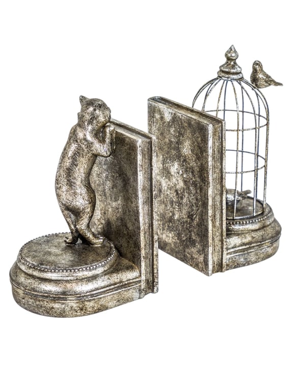 Rear view of antique silver curious cat decorative bookends