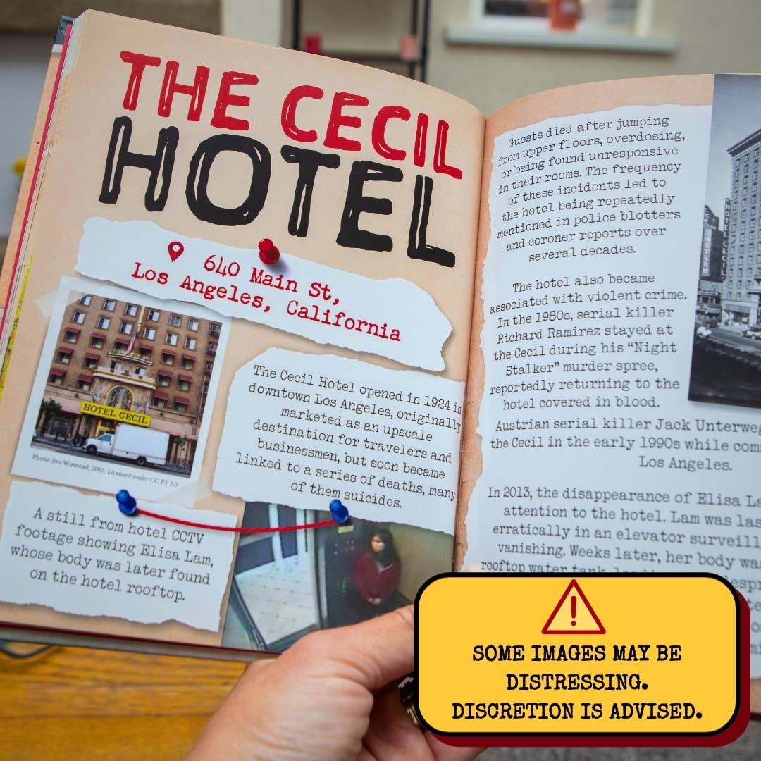 Dark Tourism Guidebook interior pages exploring the Cecil Hotel and its notorious place in true crime history.