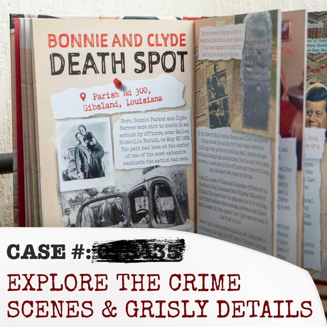 Dark Tourism Guidebook open to illustrated pages exploring historical crime locations with photographs and factual information.
