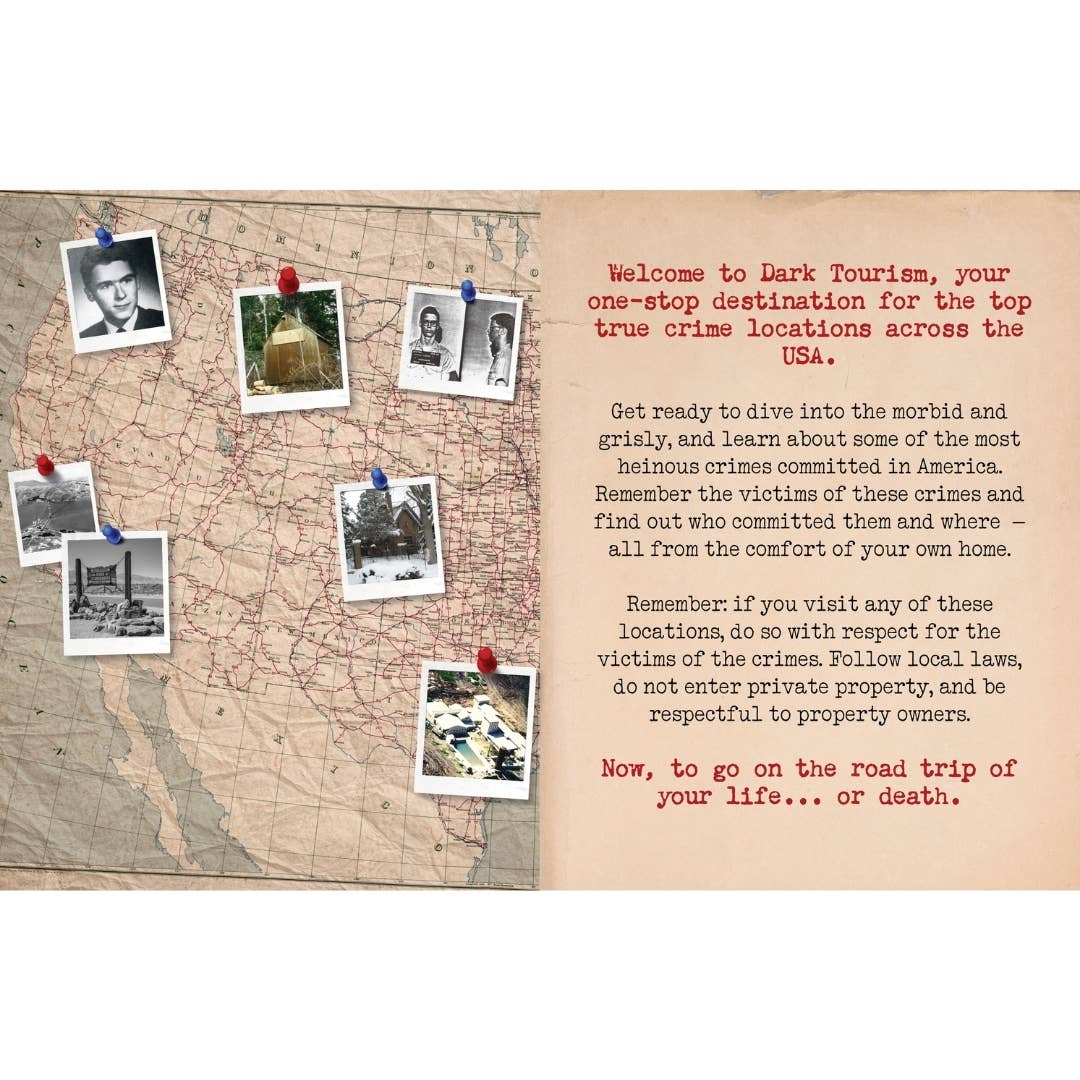 Dark Tourism Guidebook showing an illustrated double-page spread with historical photographs, maps and crime-related information.