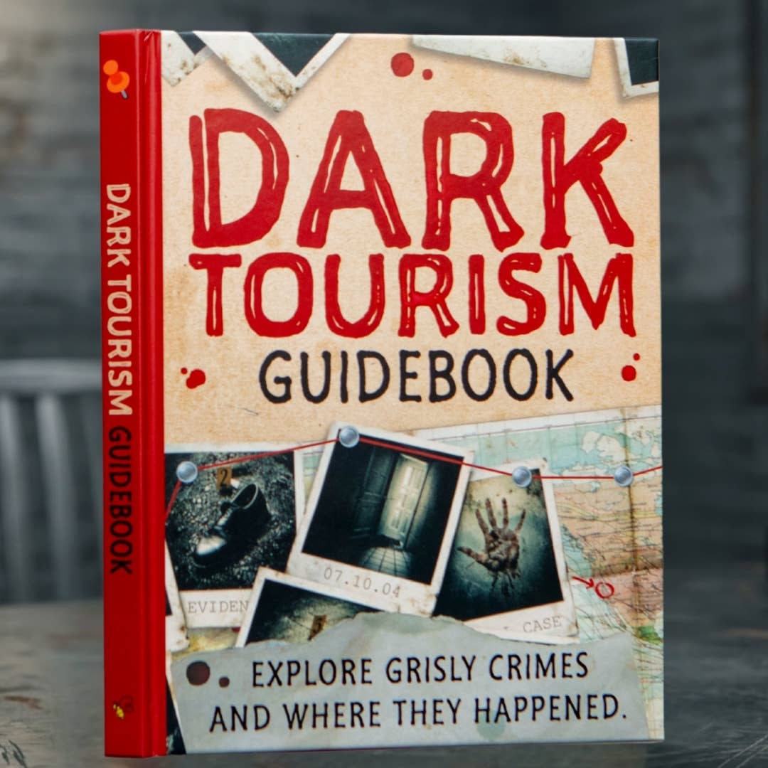 Dark Tourism Guidebook with illustrated cover featuring crime scene photographs, evidence imagery and bold red lettering.
