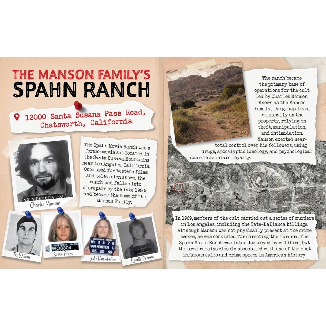 Dark Tourism Guidebook open to a feature about Spahn Ranch with historical photographs and information about its dark past.