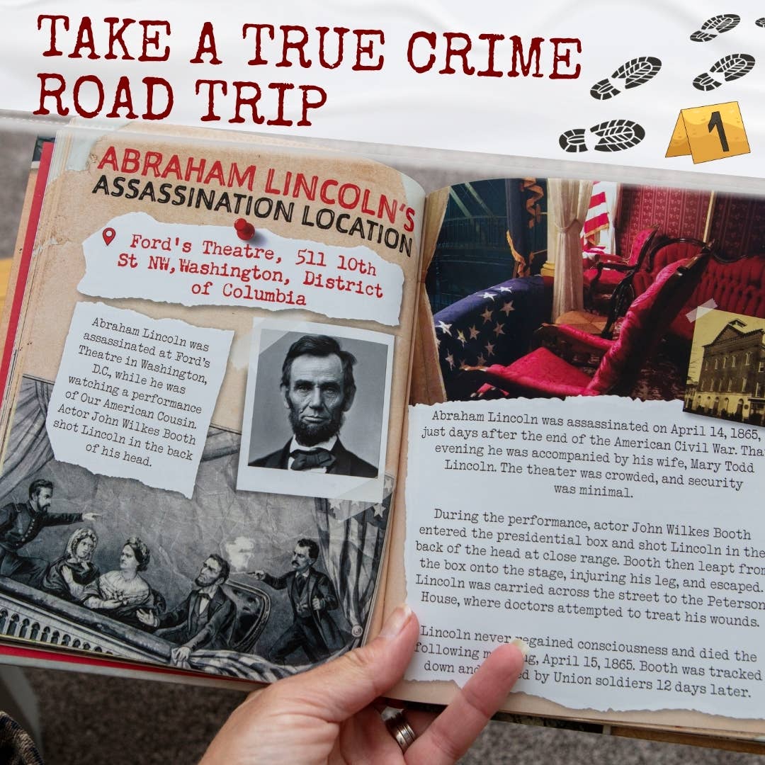 Dark Tourism Guidebook held open to show photographs and historical details about real-life crime locations.