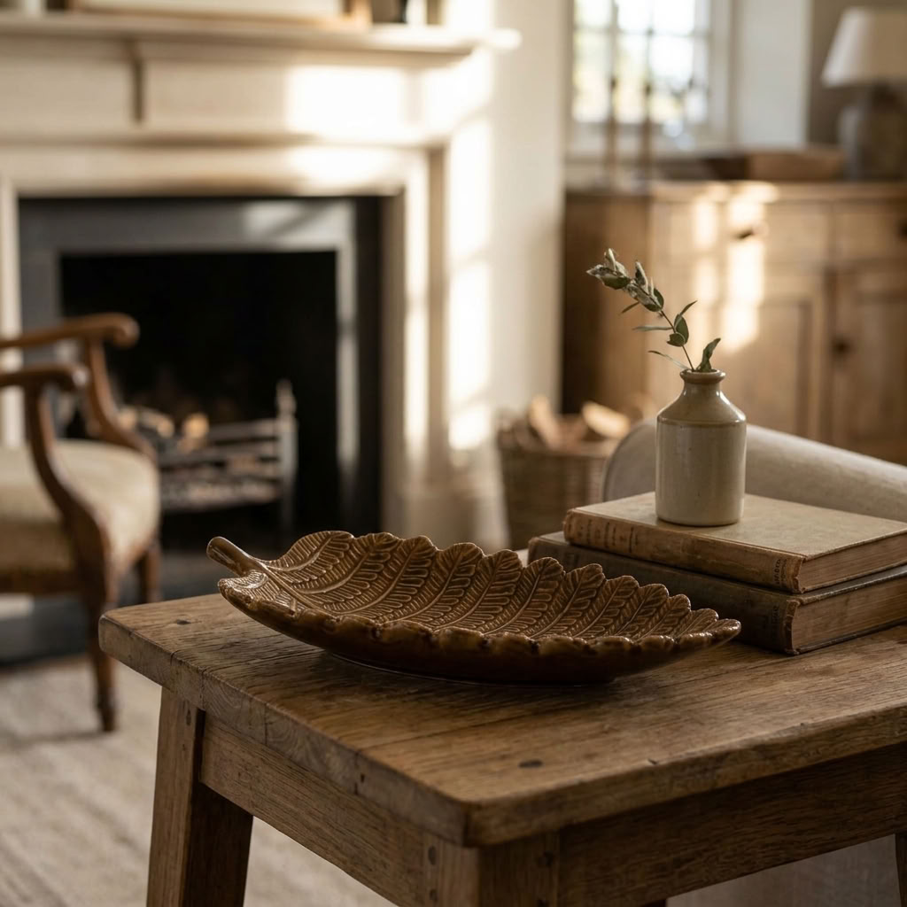 Decorative Leaf Trinket Dish displayed on a rustic wooden table beside a traditional country fireplace