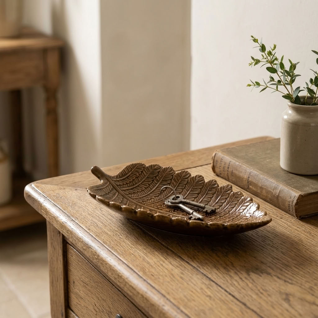 Decorative Leaf Trinket Dish holding keys on an aged wooden console table in an English country home