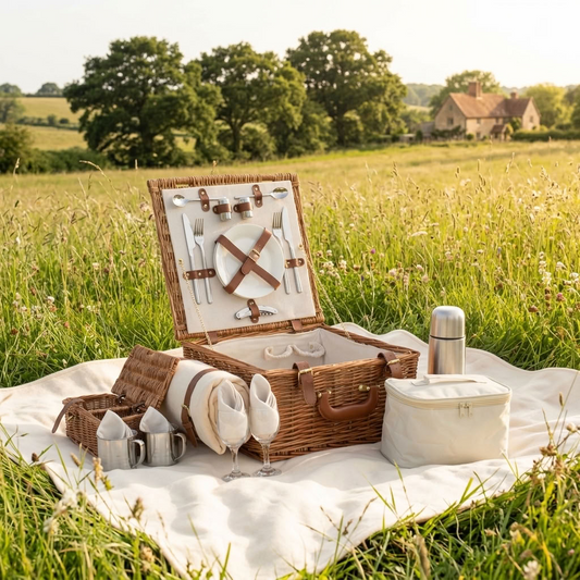 Deluxe 2 Person Willow Picnic Hamper set out on a cream picnic blanket in the English countryside