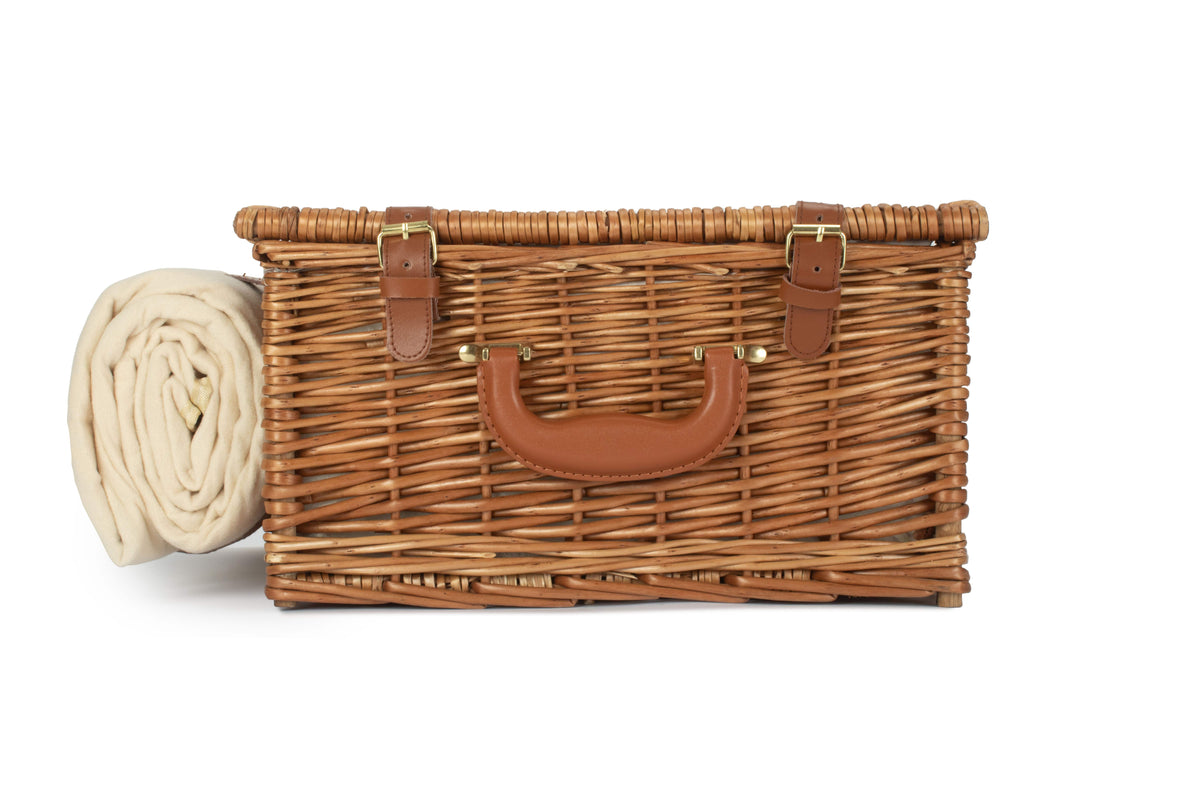 Front view of Deluxe 2 Person Willow Picnic Hamper showing woven willow, handle and tan fastenings