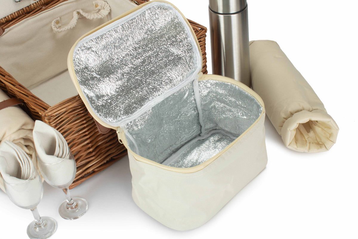 Open cream insulated cooler bag with foil lining from the Deluxe 2 Person Willow Picnic Hamper