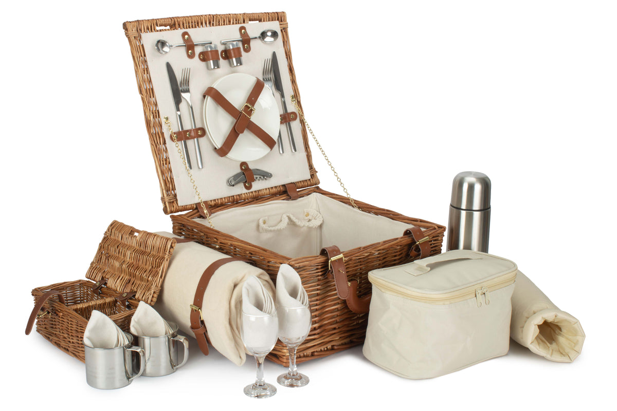 Deluxe 2 Person Willow Picnic Hamper open with fitted tableware, picnic rug, cooler bag and accessories
