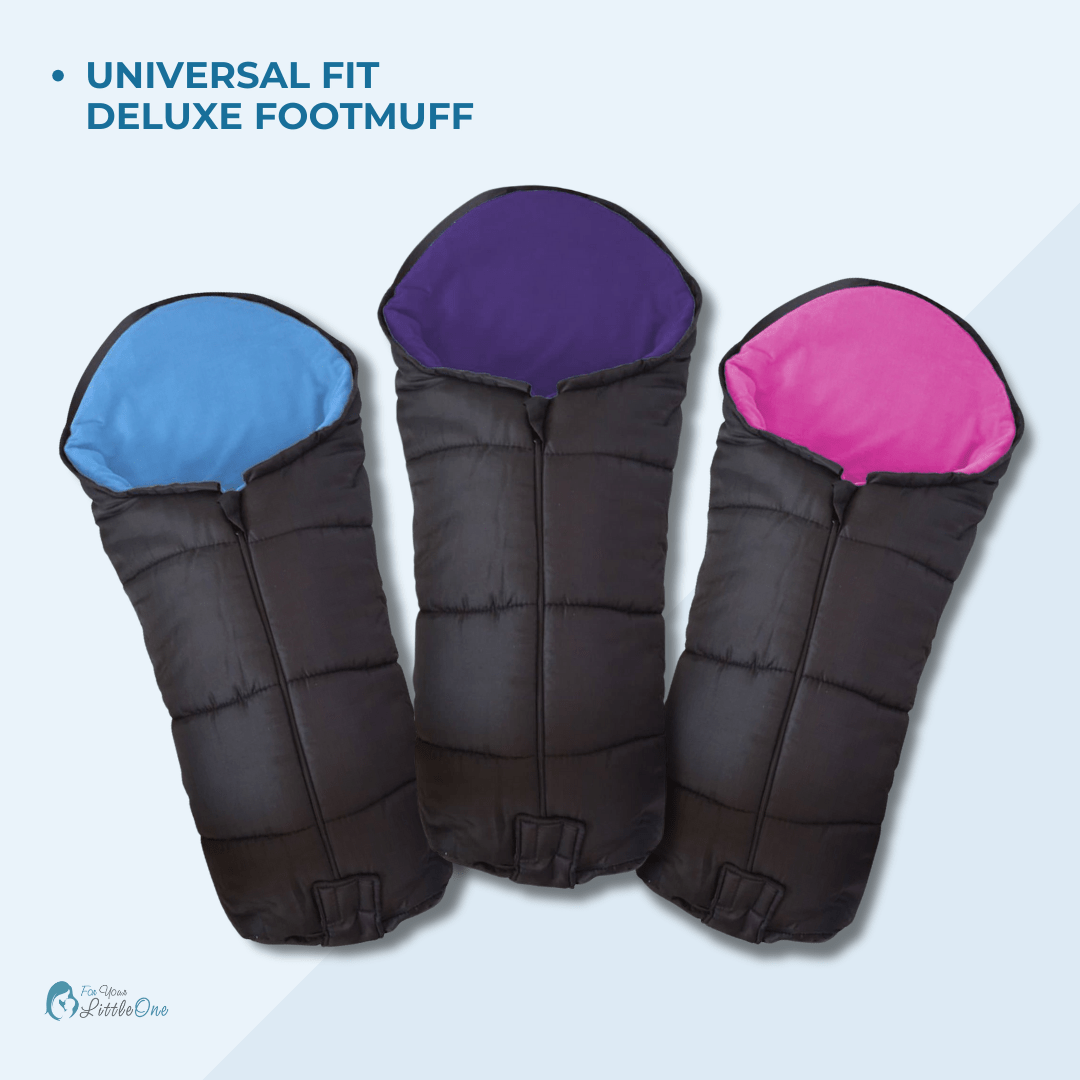 Three universal fit deluxe footmuffs in blue, purple, and pink on a light gray background.