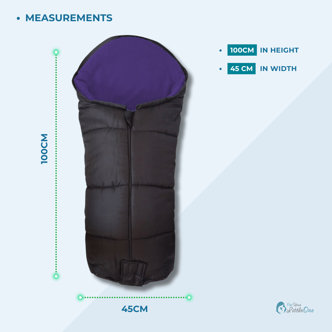 Black and purple footmuff with measurements on a light blue background