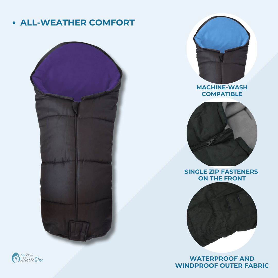 Black and purple sleeping bag with features highlighted on a light blue background