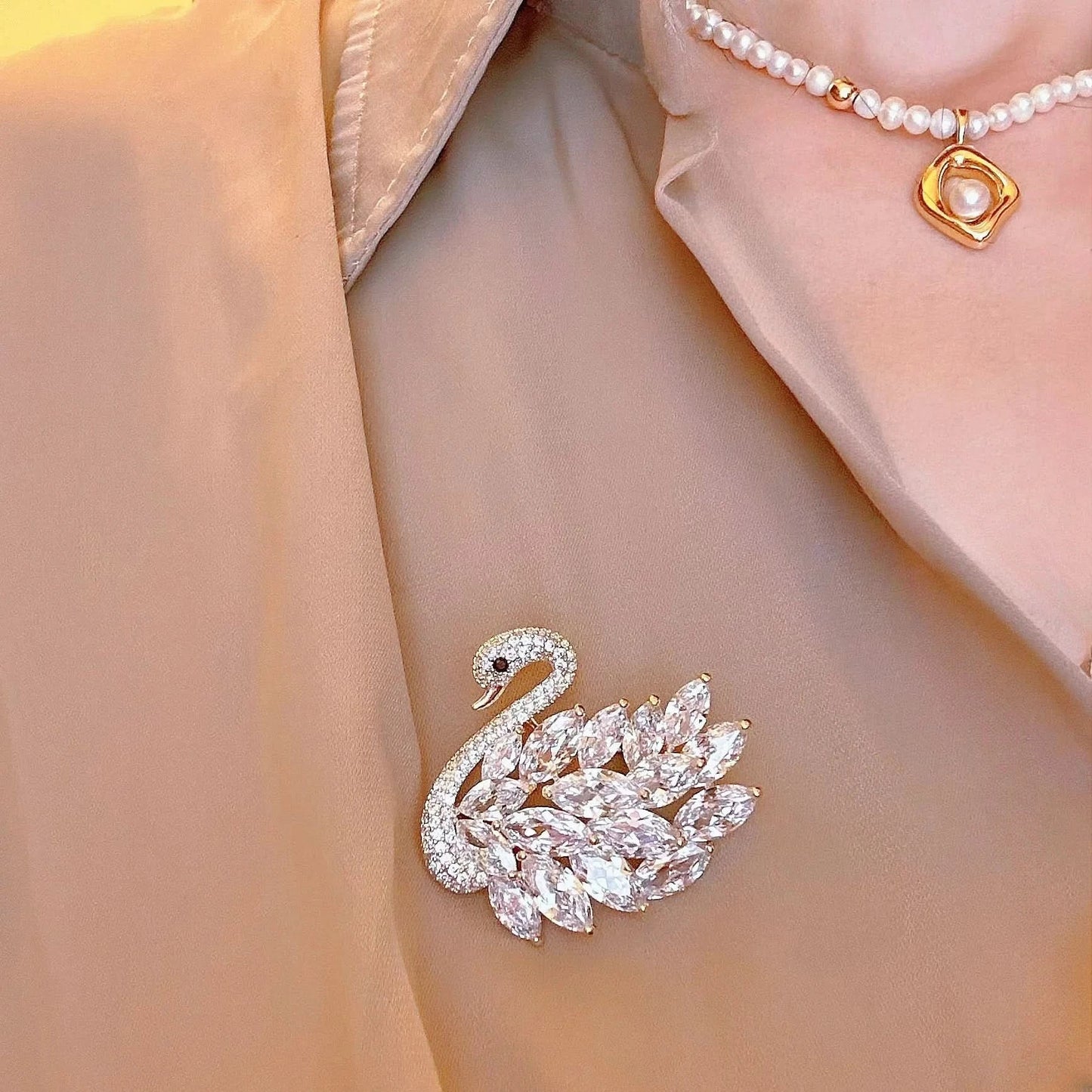 Luxury Diamond Swan Brooch by Angel Barocco