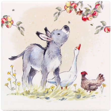 Square ceramic coaster with illustrated donkey, goose and hen in a colourful countryside design