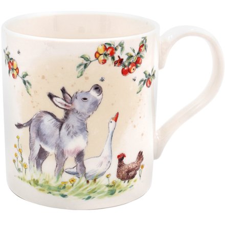 Ceramic mug with donkey, goose and hen illustration and colourful botanical details
