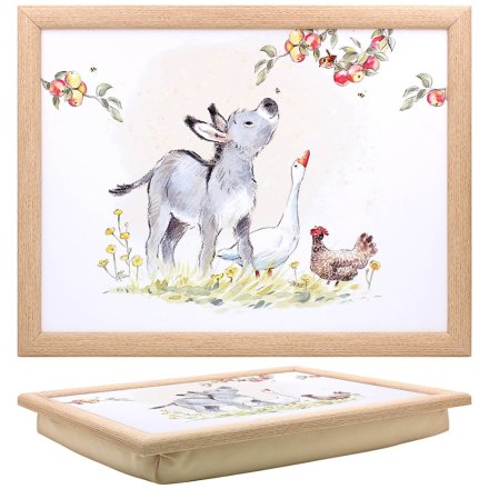 Donkey, goose and hen cushioned lap tray with illustrated farm animal and floral design