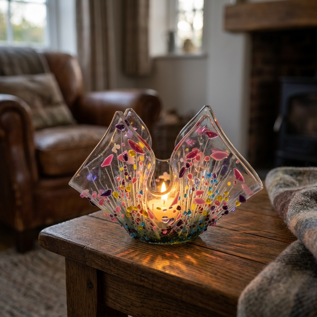 Handmade Fused Glass Wildflower Tealight Holder