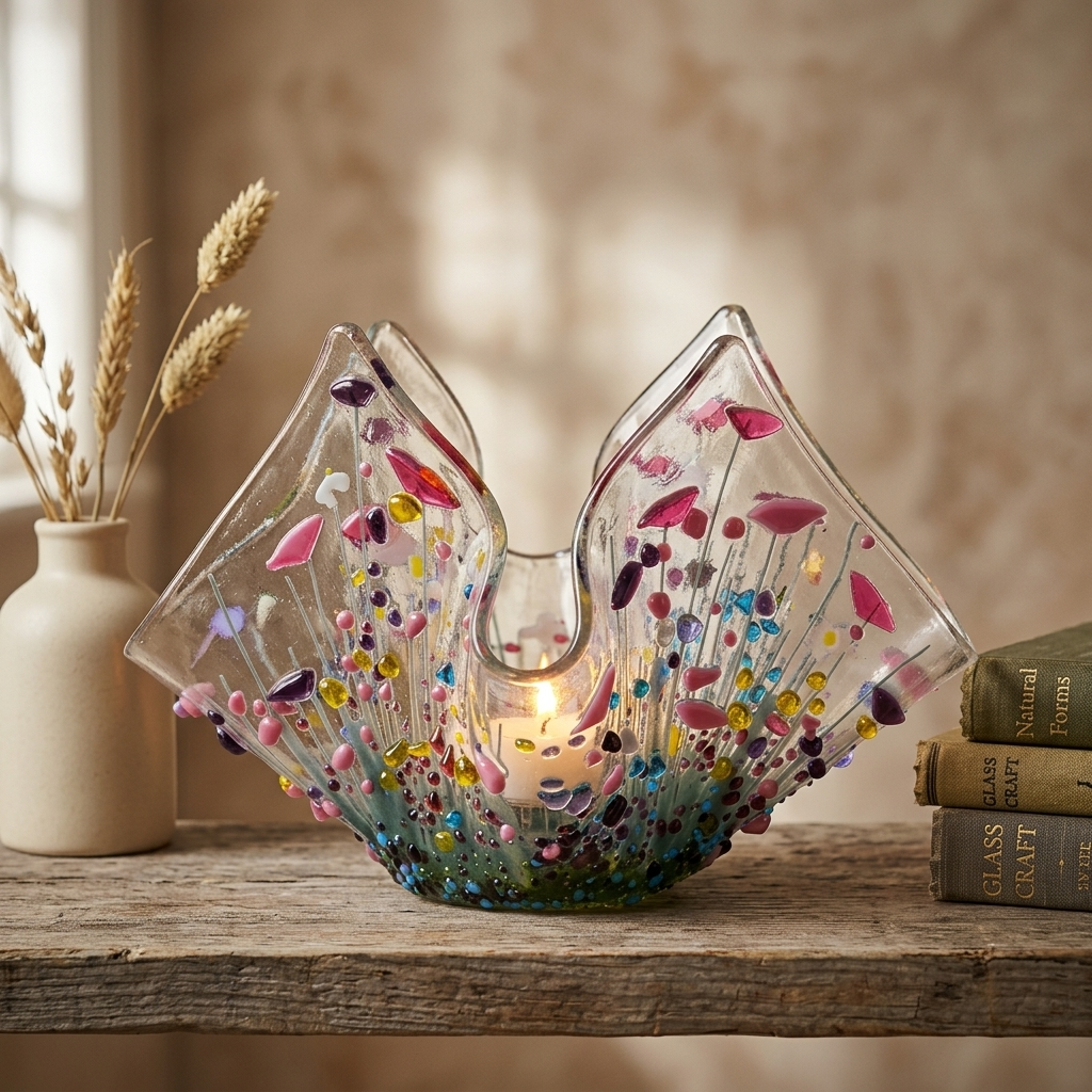 Handmade Fused Glass Wildflower Tealight Holder
