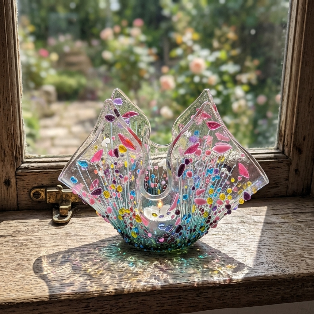 Handmade Fused Glass Wildflower Tealight Holder