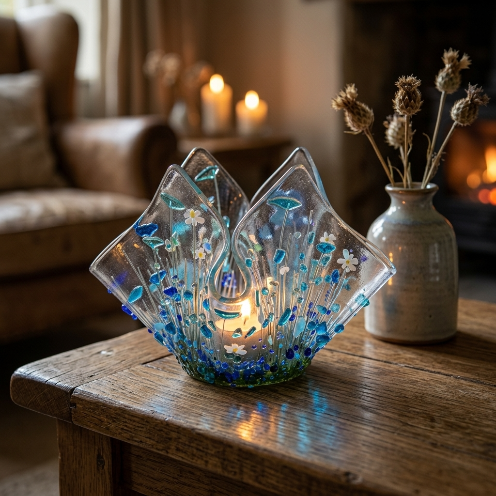 Handmade Fused Glass Cornflower Tealight Holder