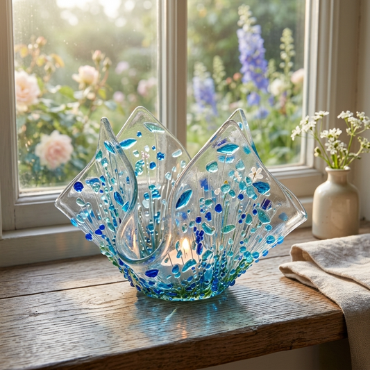 Handmade Fused Glass Cornflower Tealight Holder