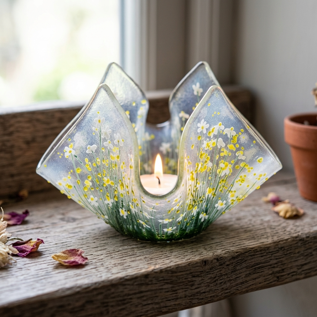 Handmade Fused Glass Daisy Tealight Holder