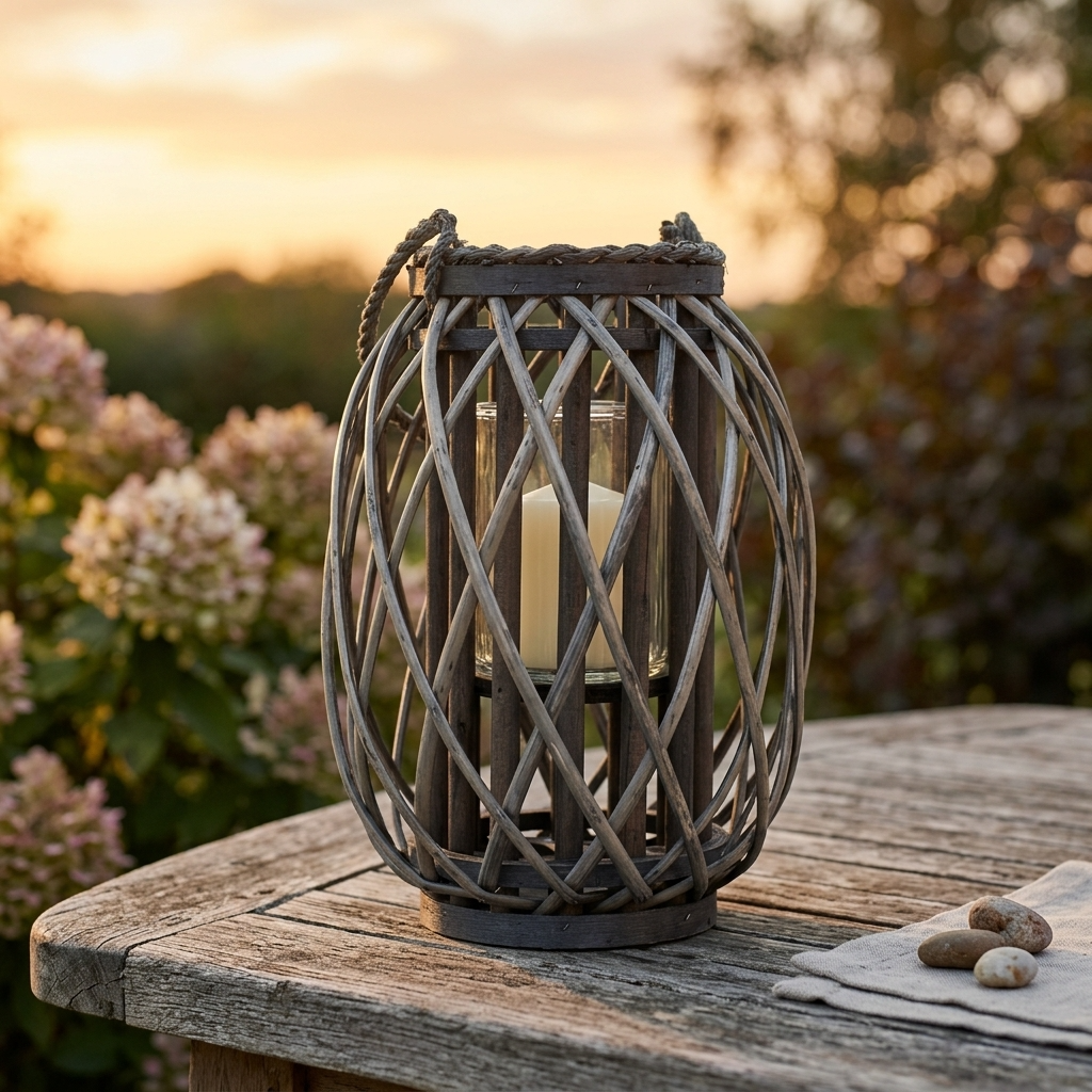 Small Grey Wash Willow Candle Lantern