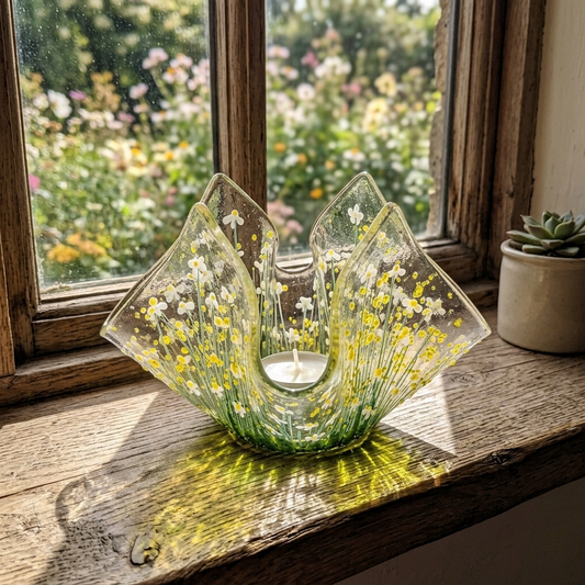 Handmade Fused Glass Daisy Tealight Holder