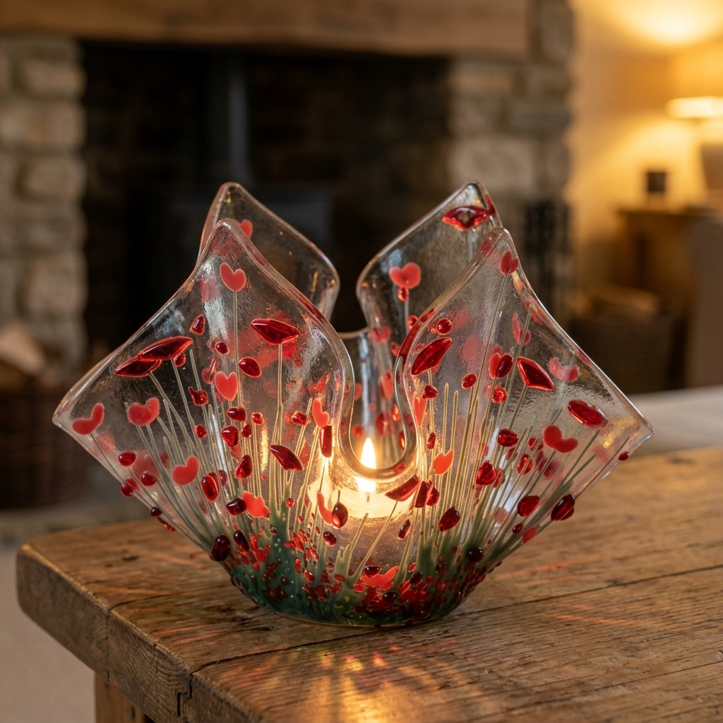 Handmade Fused Glass Poppy Tealight Holder