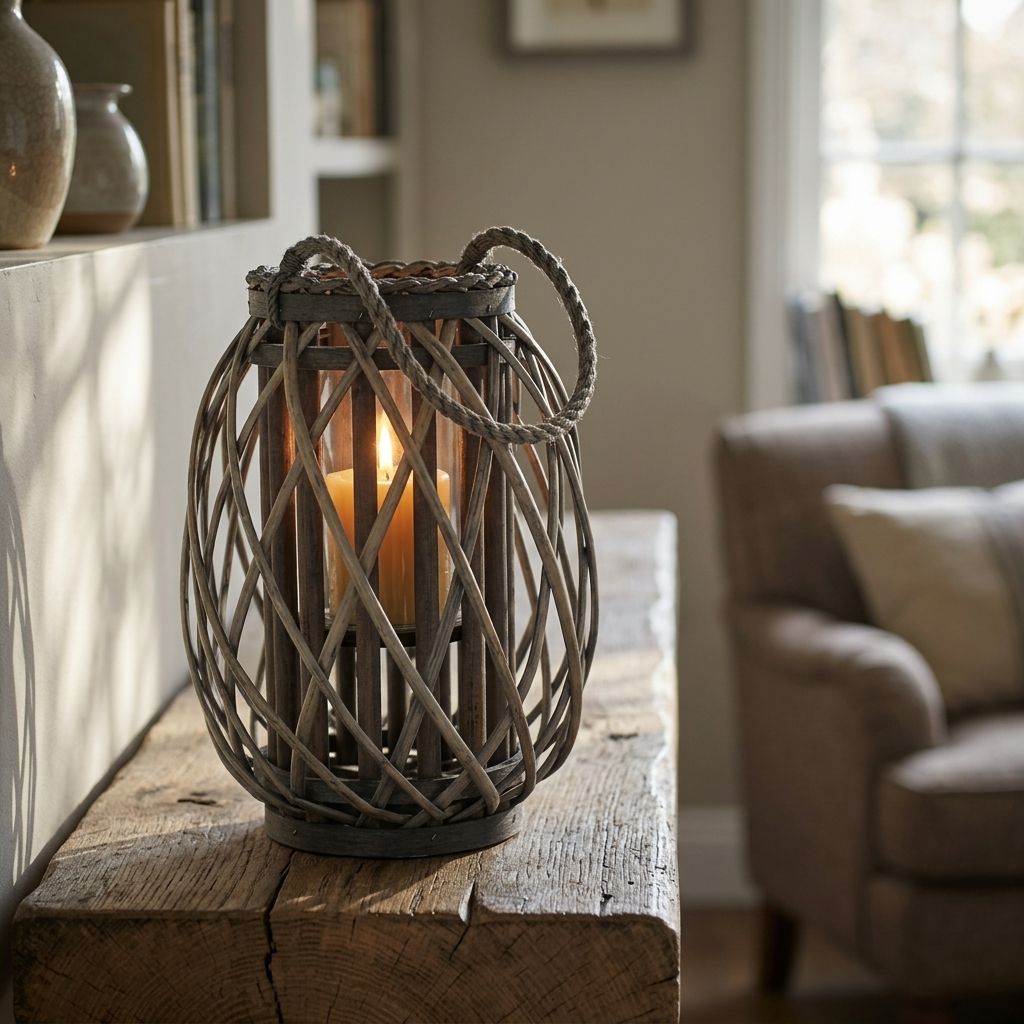 Small Grey Wash Willow Candle Lantern