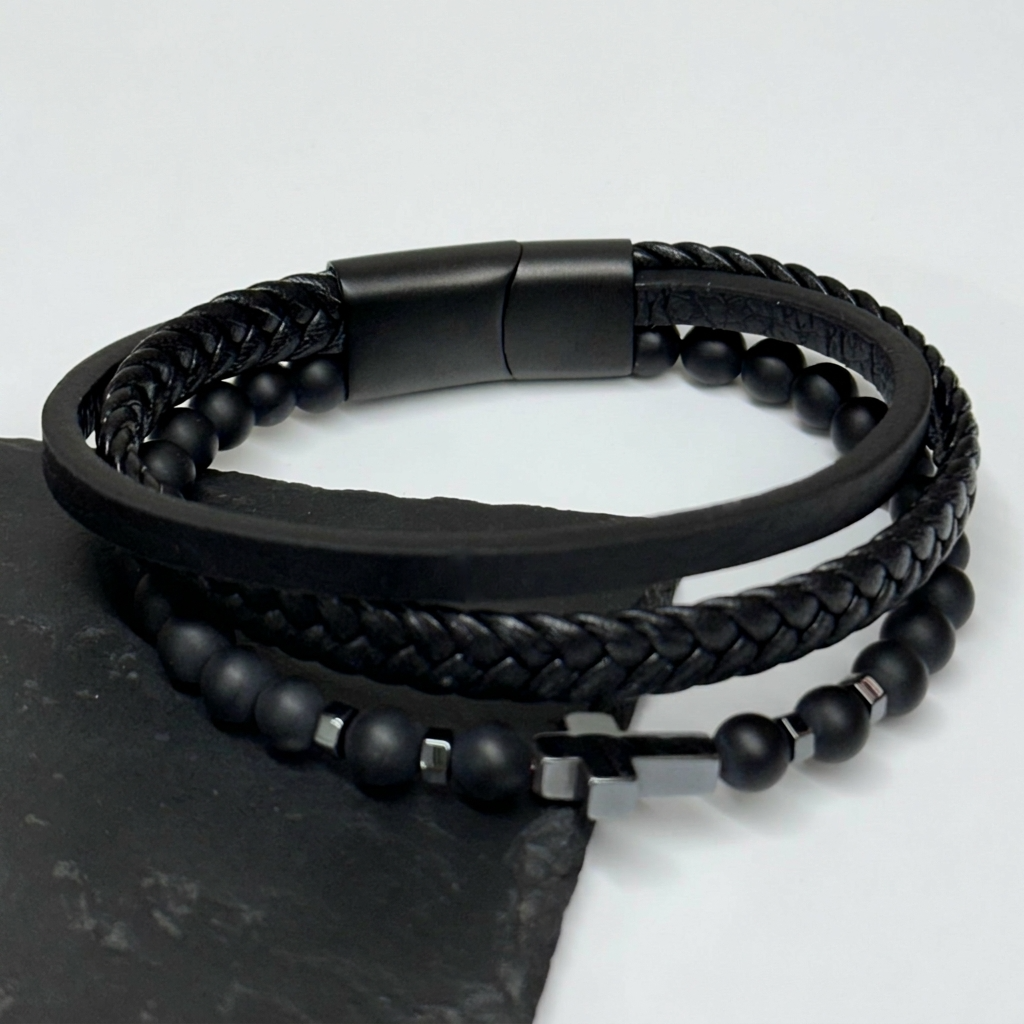 Men's Beaded and Stacked Leather Cross Bracelet by Treat Republic