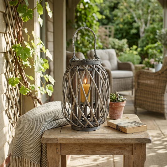 Small Grey Wash Willow Candle Lantern