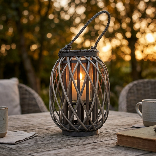 Small Grey Wash Willow Candle Lantern