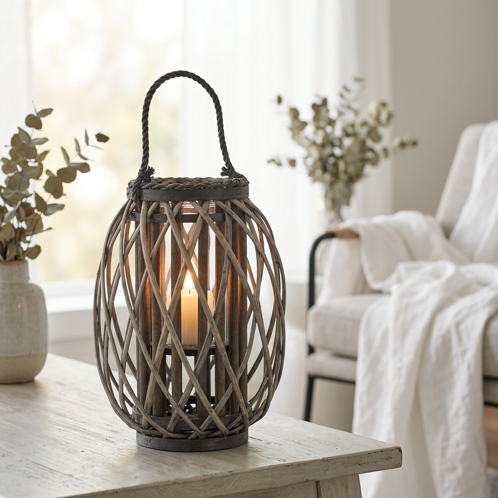 Small Grey Wash Willow Candle Lantern